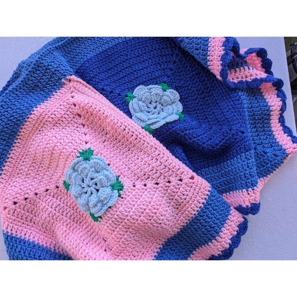 3D Crochet Flower Granny Square Blanket 48x43 Afghan Throw Blue Cottagecore Blue